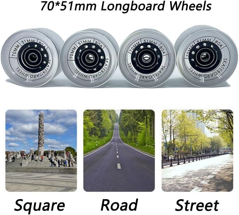 LOOEEL 70mm Longboard Wheels 80A Contains ABEC-9 Bearings and Spacers,Skateboard Riser Pads,Skateboard Hardware Screws Bolts,fit for Your Longboard Skateboards.-Transparent Frosted - Image 4